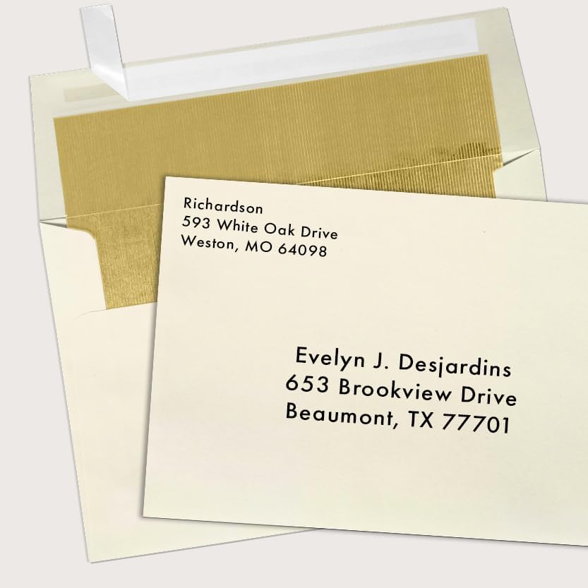 LUXPaper A7 Foil Lined Invitation Envelopes | Peel & Press | 5 1/4" x 7 1/4" | Natural w/Gold LUX Lining | 70lb. Text | 50 Qty