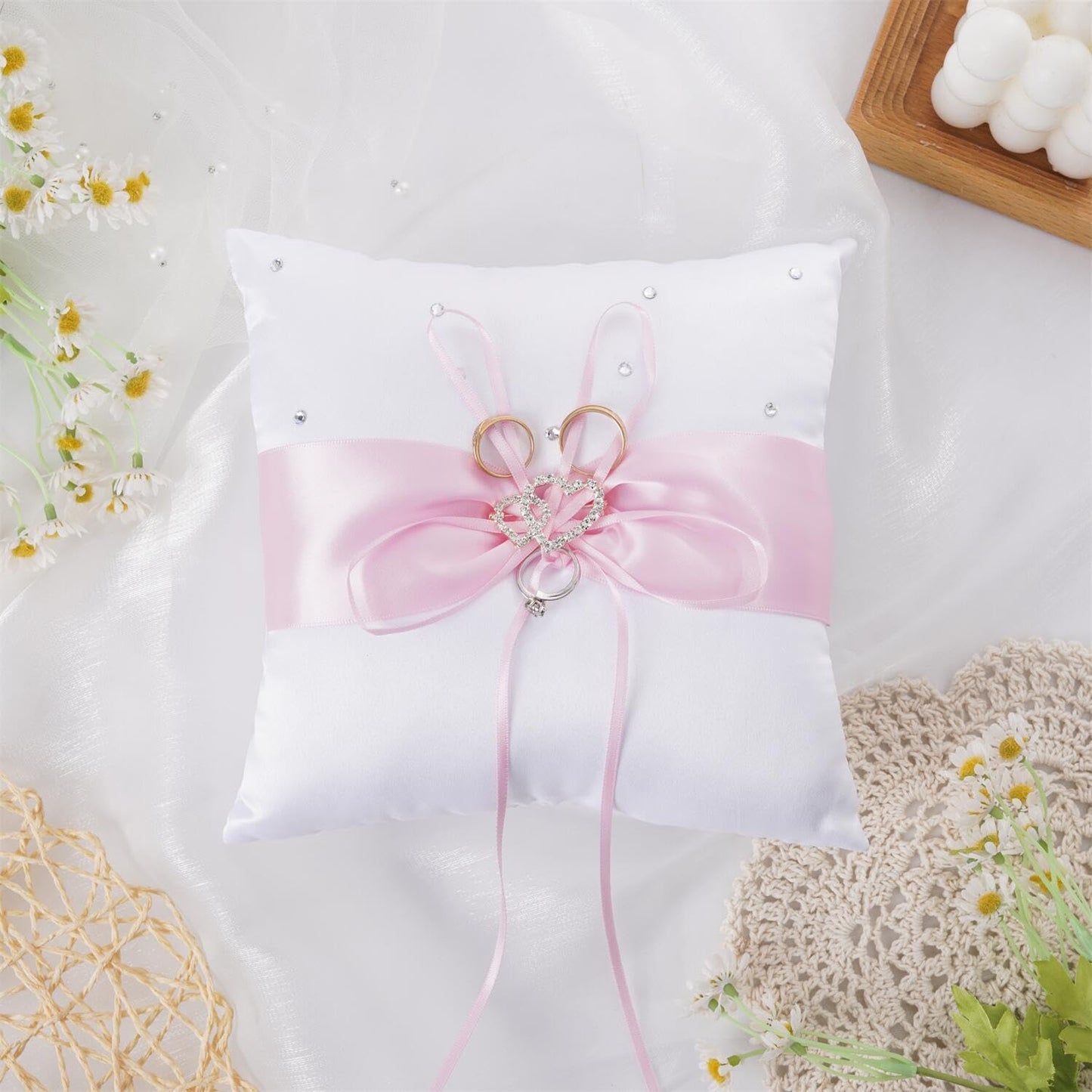 QIRMIZI Wedding Ring Pillow and Flower Girl Basket Set – Adorned with Pearl Rhinestones, White Satin,Pink