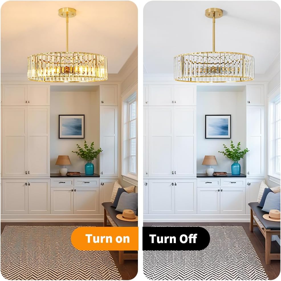 Gold Crystal Chandelier for Dining Room, 6-Light Modern Semi Flush Mount Ceiling Lighting Fixtures, Round Kitchen Fixtures Ceiling, Hanging Drum Pendant Lights for Living Room Bedroom Foyer, 19IN, E26