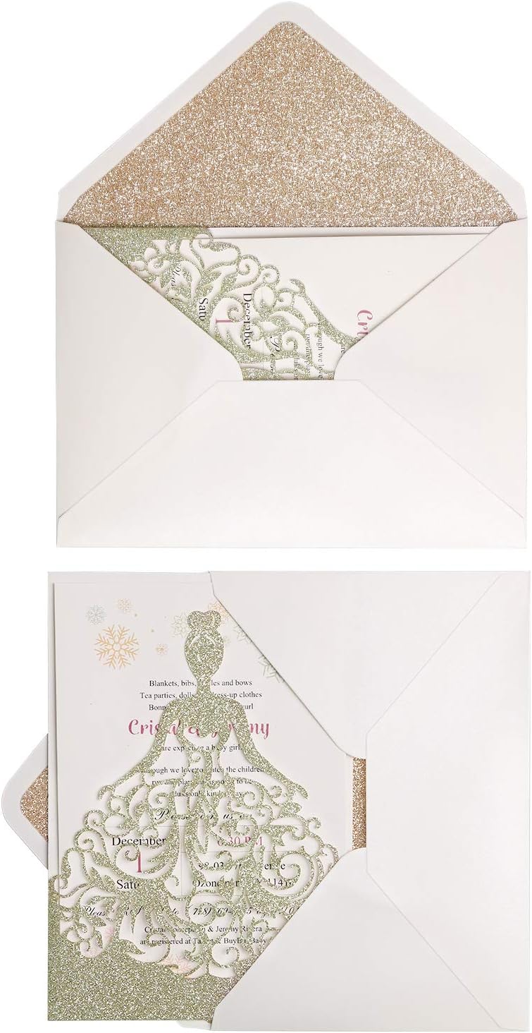 PONATIA 50 Pieces/Lot A7 Envelopes, 5.25 x 7.5'' Gold Glitter Shinny Envelopes, Perfect for 5x7'' Weddings, Invitation Cards,Graduation Invite