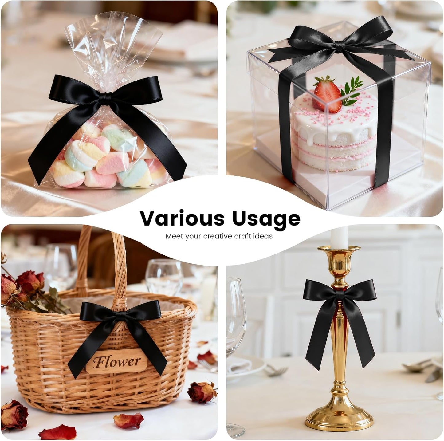 1 Inch 100 Yards Satin Ribbon Black, Solid Color Fabric Ribbon for Gift Wrapping, Wedding, Polyester Gift Ribbon for Birthday Party Decoration, Craft, Hair, Floral, Sewing