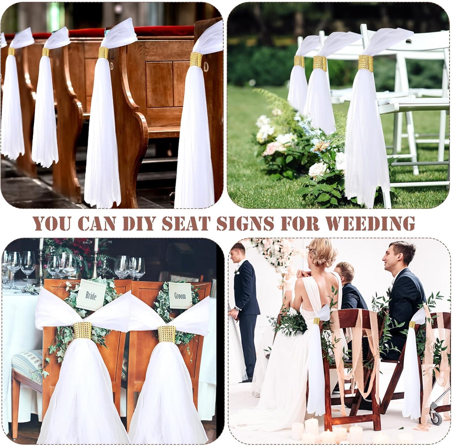 24 Set Wedding Aisle Chair Decorations 31.5 Inch Pew Bows with Long Tulle Tails and Rhinestone wrap for Wedding Ceremony Church Bridal Shower Banquet Decor (Gold)