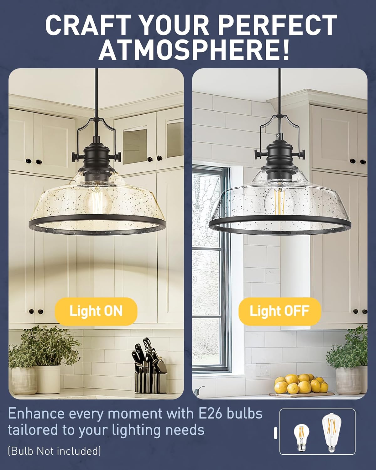 kudos Seeded Glass Pendant Light Kitchen Island, Adjustable Cord, Black Farmhouse Kitchen Light Fixture,KDPL13-BK-S