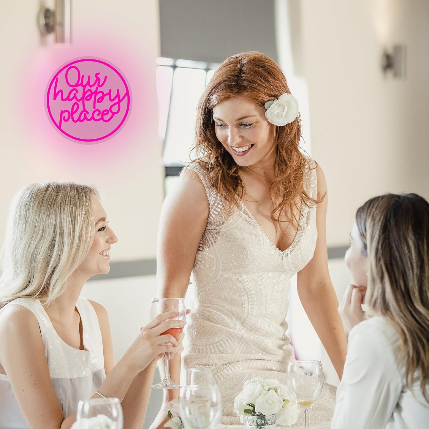 "Our happy place" Neon Sign Happy Place Neon Light for Wall Decor Letter Neon Signs Pink LED Neon Sign Round LED Neon Light for Bedroom Bar Party Birthday Club Decor