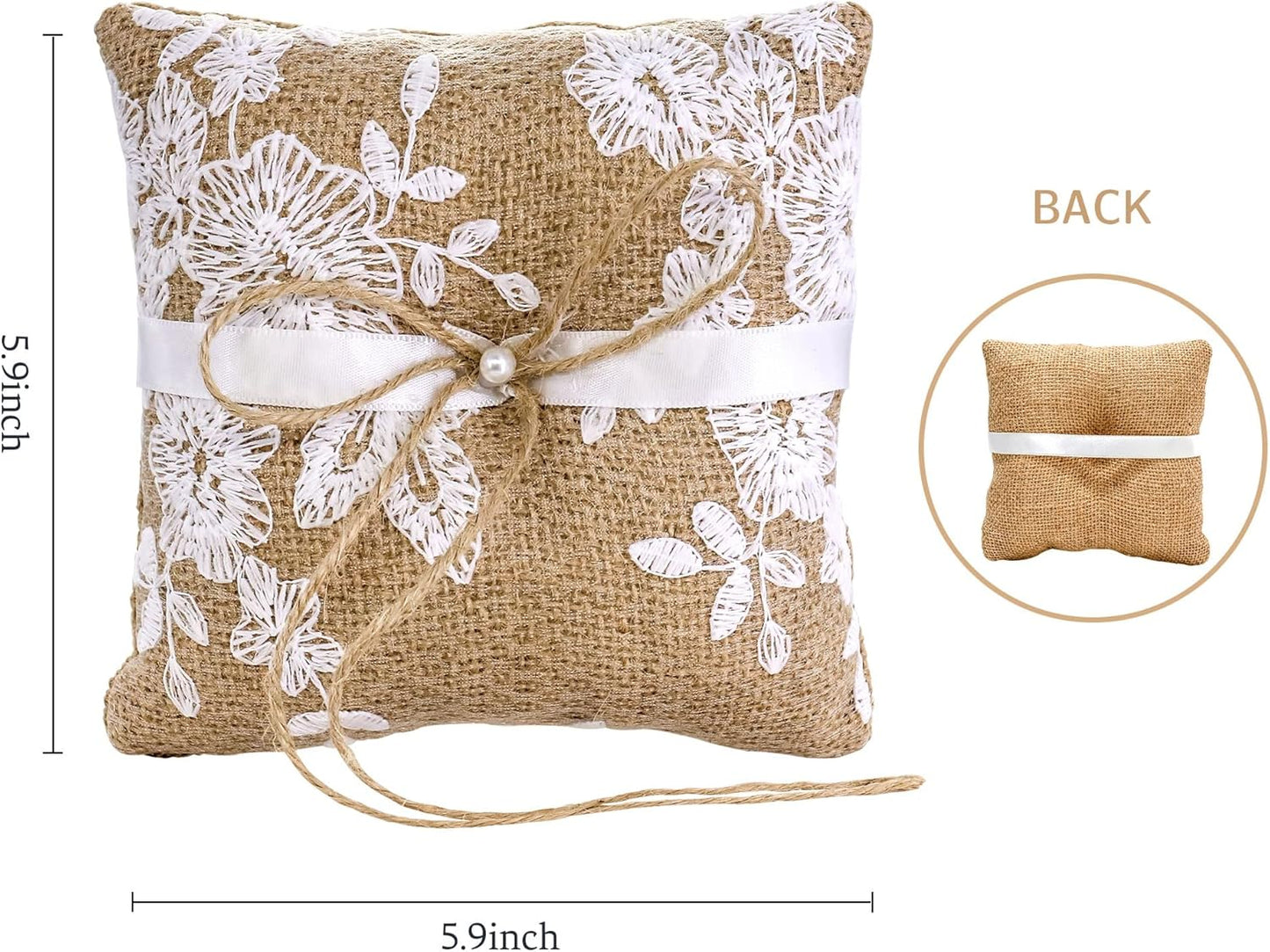 Ring Bearer Pillows Lace Bow Flower for Fall Wedding Ceremony with Vintage Rustic Lace Bow Pearl Embroidered Flower Ribbon (6 inch)