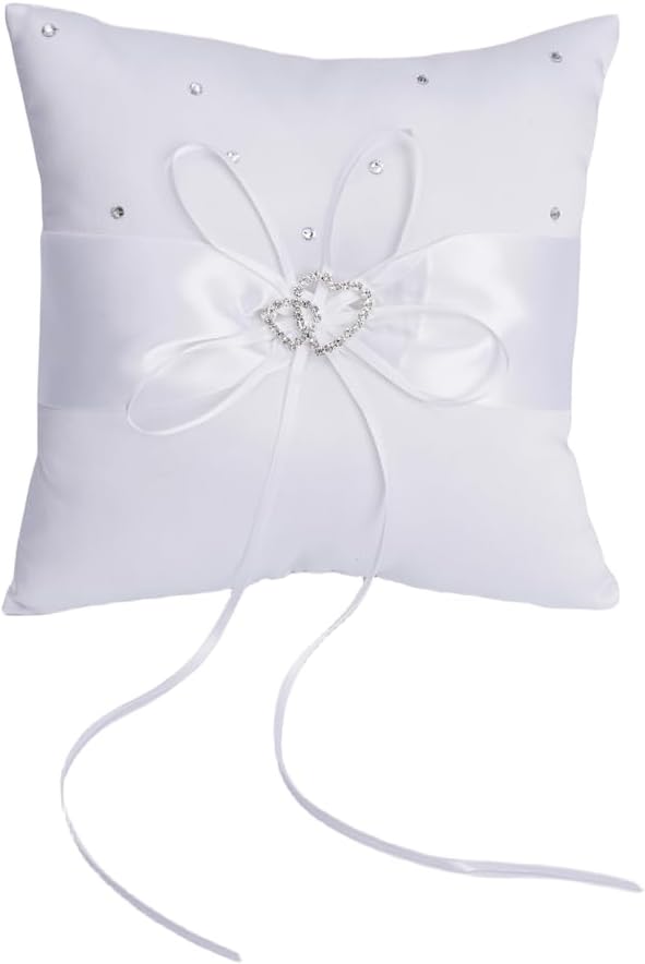 QIRMIZI Wedding Ring Pillow and Flower Girl Basket Set – Adorned with Pearl Rhinestones, White Satin,White