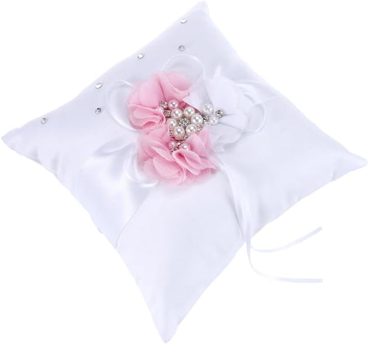 Wedding Ring Pillow Cushion with Pearl and Flower Decoration Elegant White Pink Ring Bearer Pillow for Wedding Ceremonies and Special Occasions