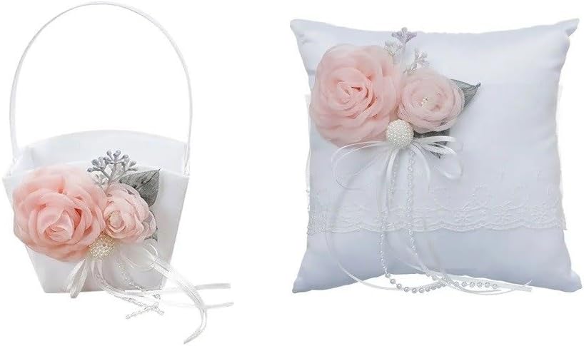 The Crafty Owl 2 Heart Rhinestones Ivort/Blue, Red, Purple, Black Trimming, Burlap,Pink Flowers or Champagne Satin Wedding Ring Bearer Pillow and Basket Set (White Lace Pink Flower Rectangular)