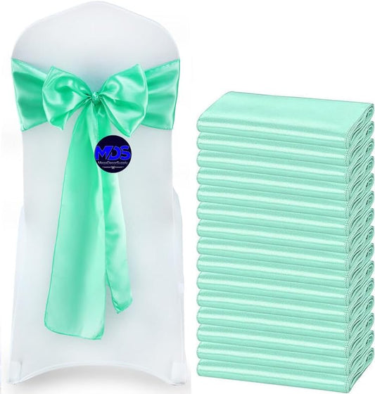 MDS Pack of 10 PCS Satin Chair Sashes Charmeuse Sateen Dining Chair Bows Ribbon Ties Back Sash for Wedding Party Birthday Home Hotel Restaurant Banquet Decoration (7 x 108 Inch, Mint)