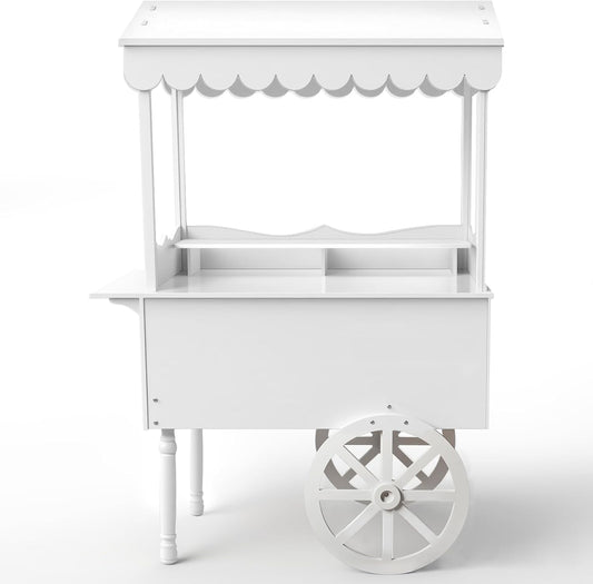 7FT Candy Cart Display Stand with Decorated Wheels, Dessert and Party Decoration Cart with 100 Ballons, Easy to Install Vintage for Parties, Birthdays, Weddings, (White)