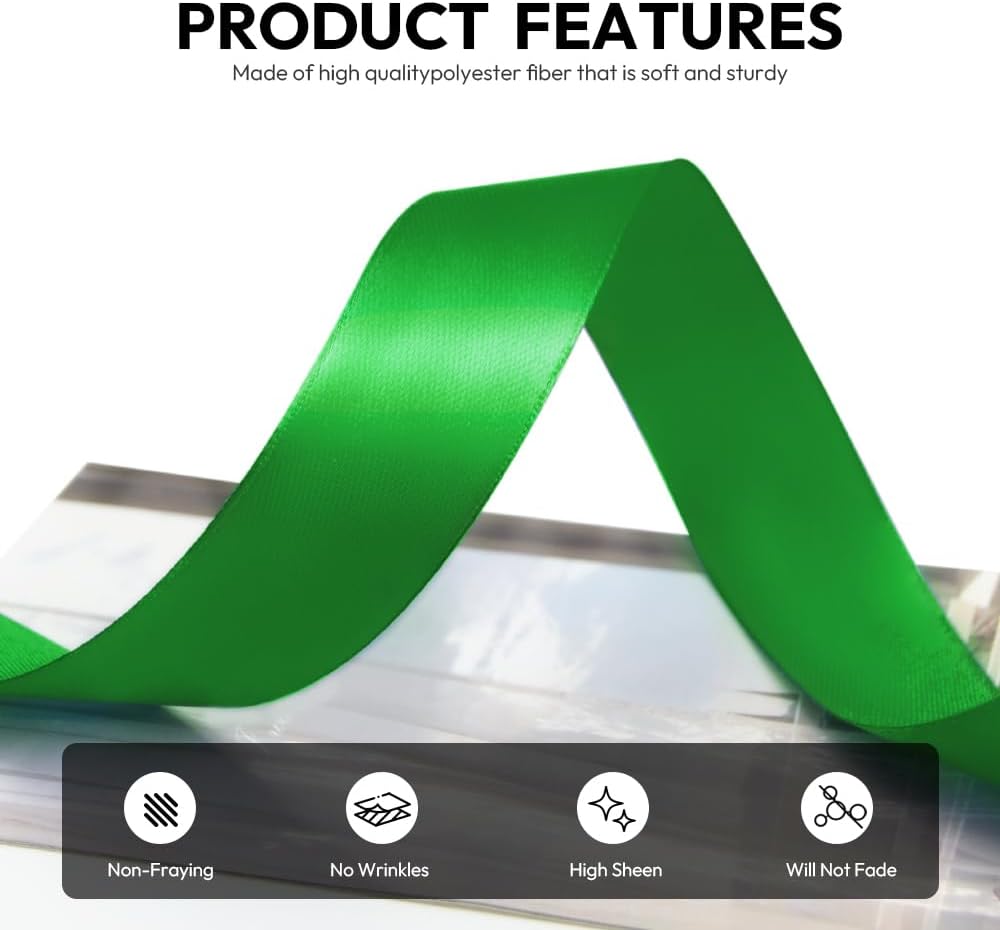 1 Inch 100 Yards Satin Ribbon Green, Solid Color Fabric Ribbon for Gift Wrapping, Wedding, Polyester Gift Ribbon for Birthday Party Decoration, Craft, Hair, Floral, Sewing