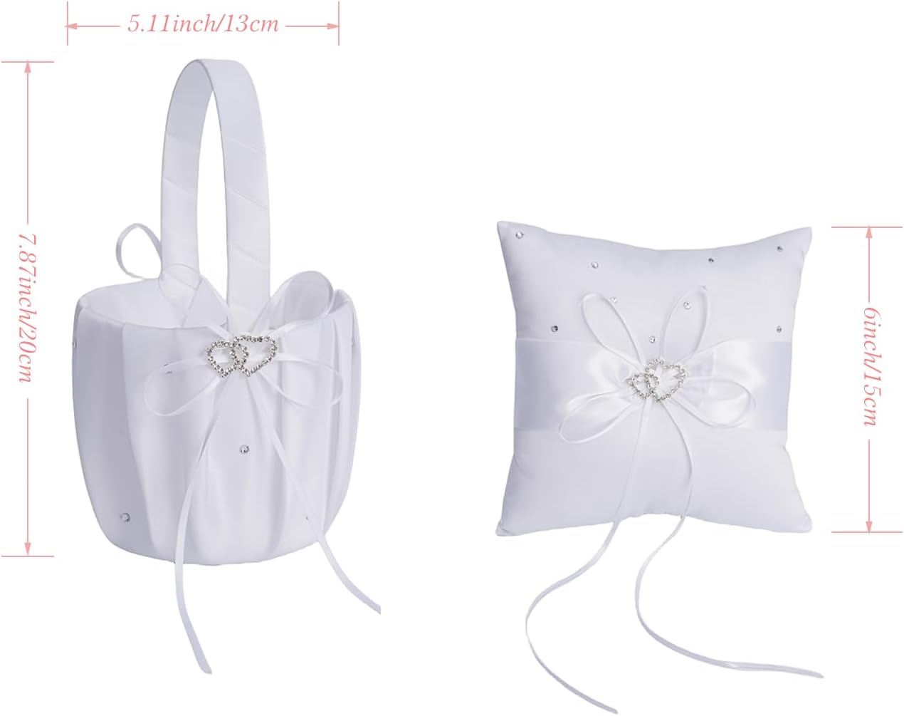 QIRMIZI Wedding Ring Pillow and Flower Girl Basket Set – Adorned with Pearl Rhinestones, White Satin,White