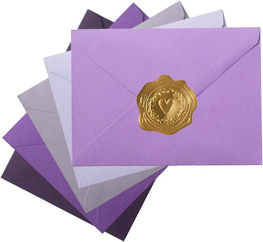 50 Pack Colored A7 Invitation Envelopes 5x7 with Gold Stickers for Cards and Invitations, 5 Colors (Purple, 5 1/4 x 7 1/4 inches)
