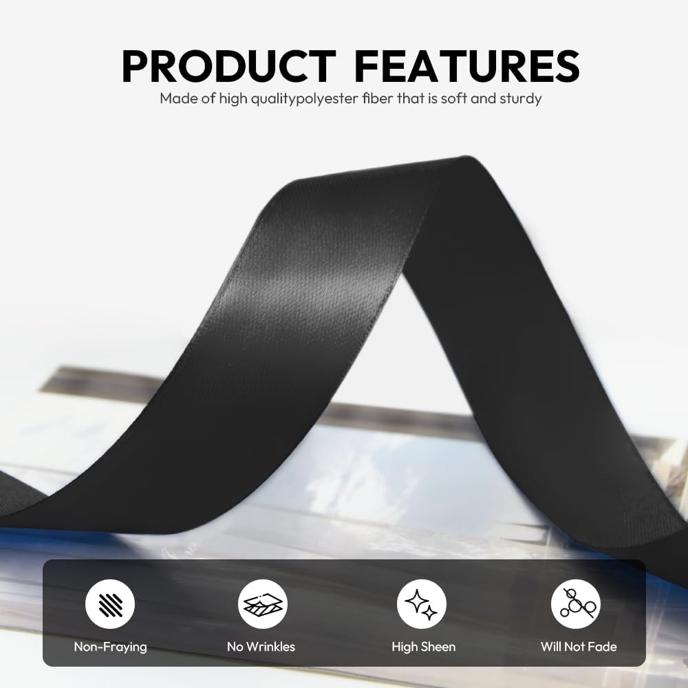 1 Inch 100 Yards Satin Ribbon Black, Solid Color Fabric Ribbon for Gift Wrapping, Wedding, Polyester Gift Ribbon for Birthday Party Decoration, Craft, Hair, Floral, Sewing