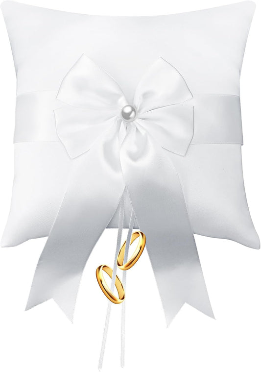 Wedding Ring Pillow Fairy Pearl Ivory Ring Bearer Cushion Bowknot Pocket Rings Bearer Pillow Holder Simple Collection of Big Bow for Wedding Party Ceremony 7.8'' x7.8''