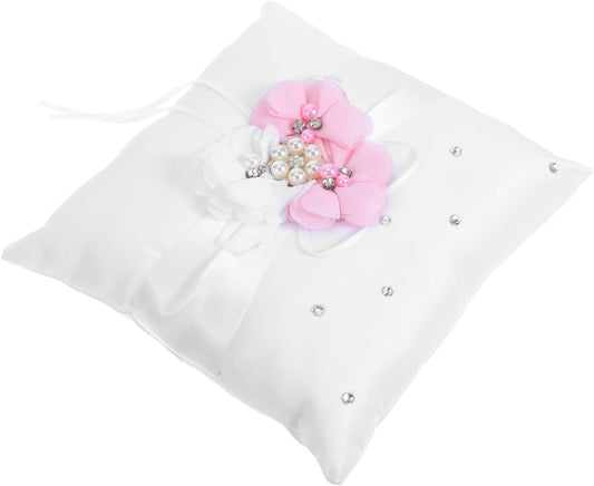 Floral Wedding Ring Bearer Pillow 20x20cm - Satin with Ribbon & Faux Pearls, Elegant Ceremony Decor for Bride and Flower Girl Accessories