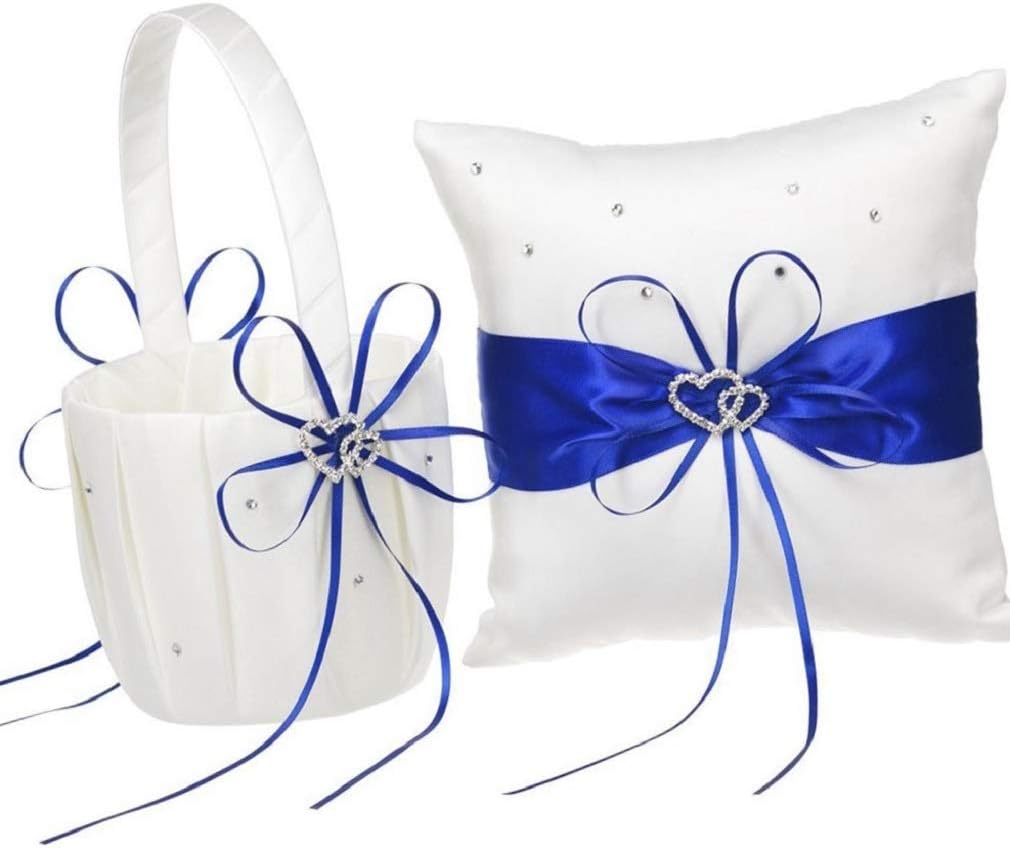 The Crafty Owl 2 Heart Rhinestones Ivory/White/Blue Trimming/Red Trimming Satin Large Wedding Ring Bearer Pillow and Basket Set (White with Blue Trimming)