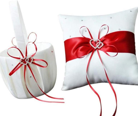 The Crafty Owl 2 Heart Rhinestones Ivory/White/Blue Trimming/Red Trimming Satin Large Wedding Ring Bearer Pillow and Basket Set (White with Red Trimming)