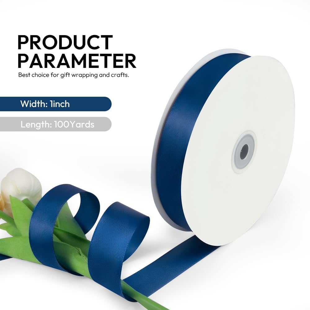 1 Inch 100 Yards Satin Ribbon Dark Blue, Solid Color Fabric Ribbon for Gift Wrapping, Wedding, Polyester Gift Ribbon for Birthday Party Decoration, Craft, Hair, Floral, Sewing