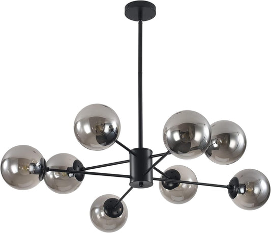 KCO Lighting Modern Glass Globe Sputnik Chandelier 8-Light Mid Century Black Sputnik Chandelier Pendant Light Fixture Farmhouse Industrial Chandelier Light Fixture (Black+Smoke Grey)
