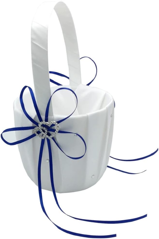 The Crafty Owl 2 Heart Rhinestones Ivory/White/Blue Trimming/Red Trimming Satin Large Wedding Ring Bearer Pillow and Basket Set (White with Blue Trimming)