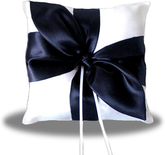 SACASUSA Black Satin Bow White Wedding Ring Pillow Bearer
