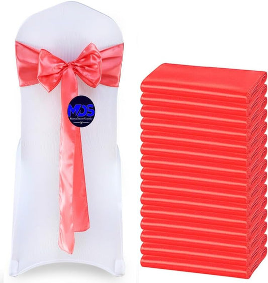 MDS Pack of 10 PCS Satin Chair Sashes Charmeuse Sateen Dining Chair Bows Ribbon Ties Back Sash for Wedding Party Birthday Home Hotel Restaurant Banquet Decoration (7 x 108 Inch, Coral)