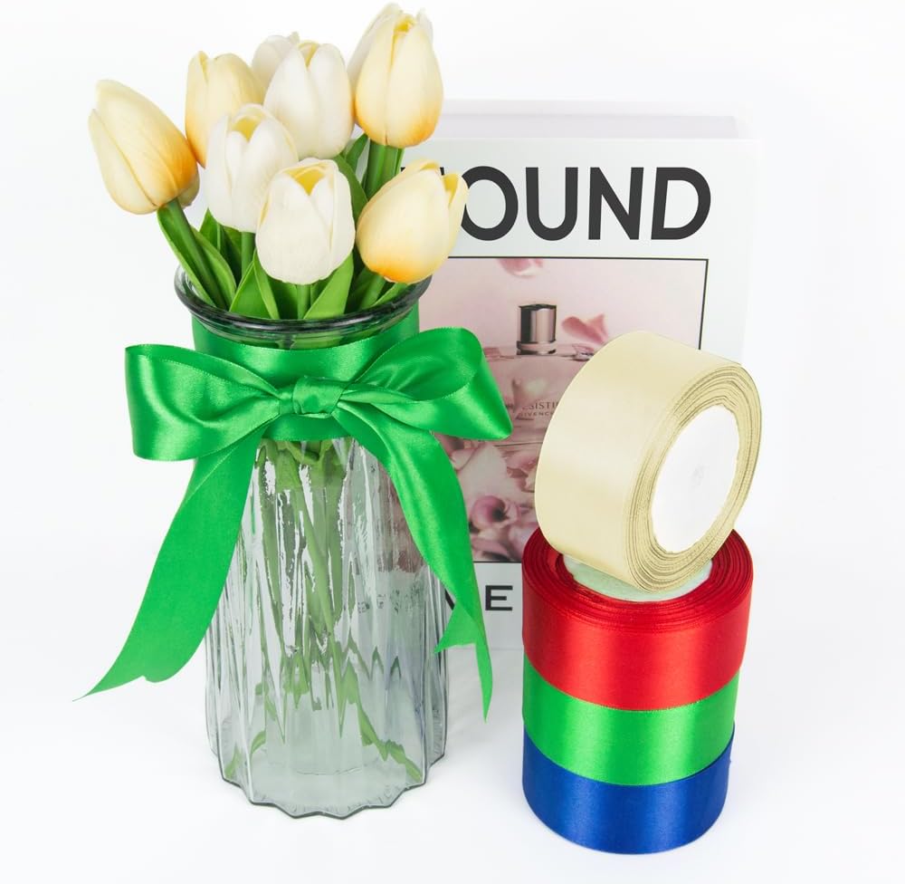 1 Inch 25 Yards Satin Ribbon Green, Solid Color Fabric Ribbon for Gift Wrapping, Wedding, Polyester Gift Ribbon for Birthday Party Decoration, Craft, Hair, Floral, Sewing