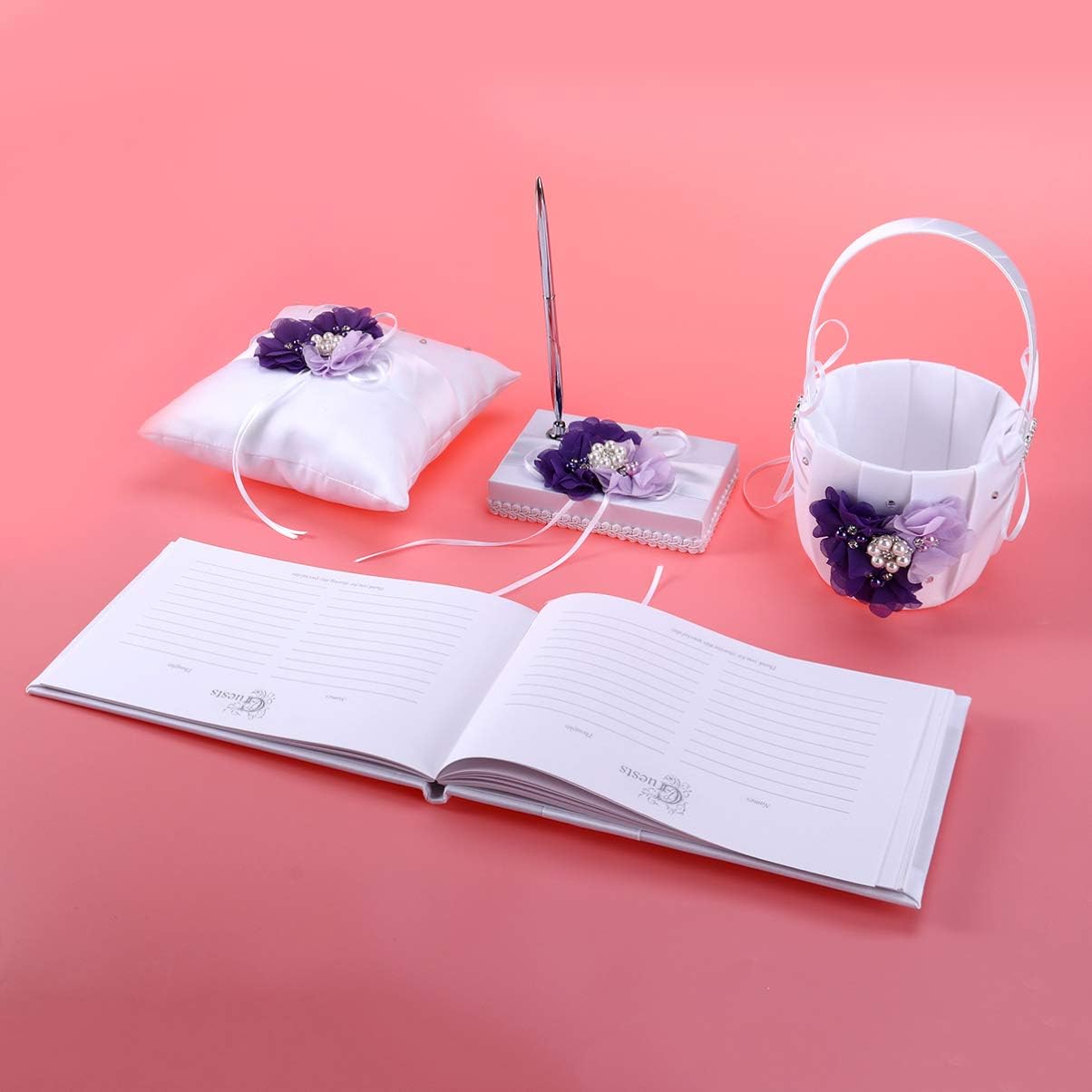 Toyvian 4pcs /Set Ring Bearer Pillow with Pearl Bowknot Flower Girl Basket Wedding Guest Book Table Pen with Pen Holder for Wedding Party Decoration Supplies (Purple Flower)