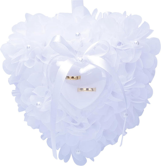 Ring Pillow is Designed with White Roses, Mozambique Diamond and Flowers. It is A Ring Bearer That Comes with A Gift Box. It is Suitable for Weddings and Ring Collections (Pearl White)