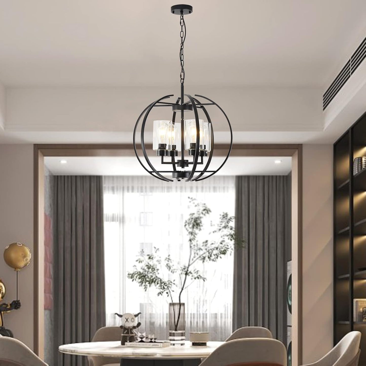 Black Chandelier Lighting with Clear Glass for Dining Room, Farmhouse Hanging Lighting, 4 Lights Globe Ceiling Light Fixture