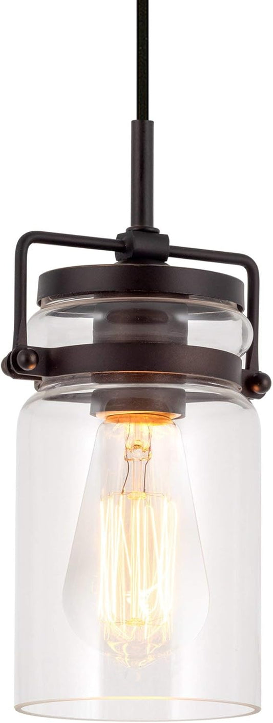 Kira Home Wyer 8" Modern Industrial/Farmhouse Pendant Light + Mini Clear Glass Cylinder Shade, Dimmable Adjustable Wire, Oil Rubbed Bronze Finish