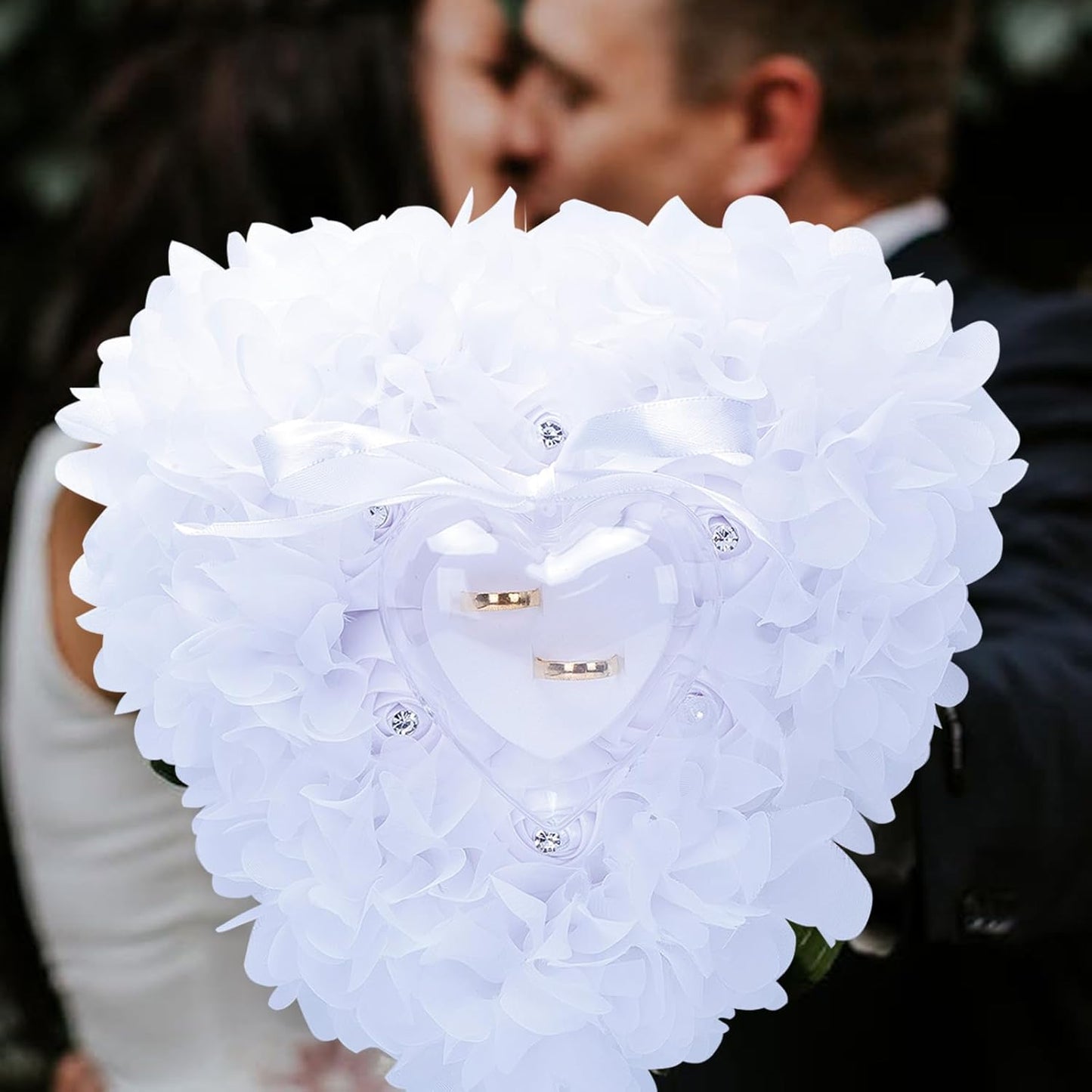 Ring Pillow is Designed with White Roses, Mozambique Diamond and Flowers. It is A Ring Bearer That Comes with A Gift Box. It is Suitable for Weddings and Ring Collections (Diamond White)