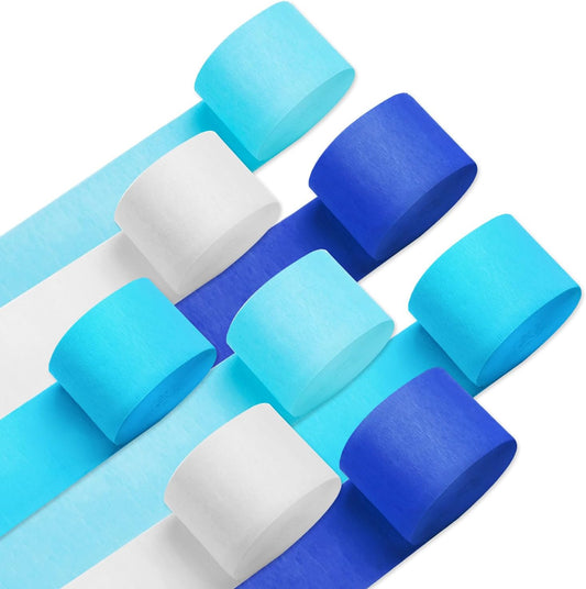 Crepe Paper Streamers 8 Rolls 656ft, Pack of Blue, Pastel Blue, Royal Blue, White Party Streamers, Crepe Paper for Birthday Party Wedding Baby Bridal Shower Decorations (1.8 Inch x 82Ft/Roll)