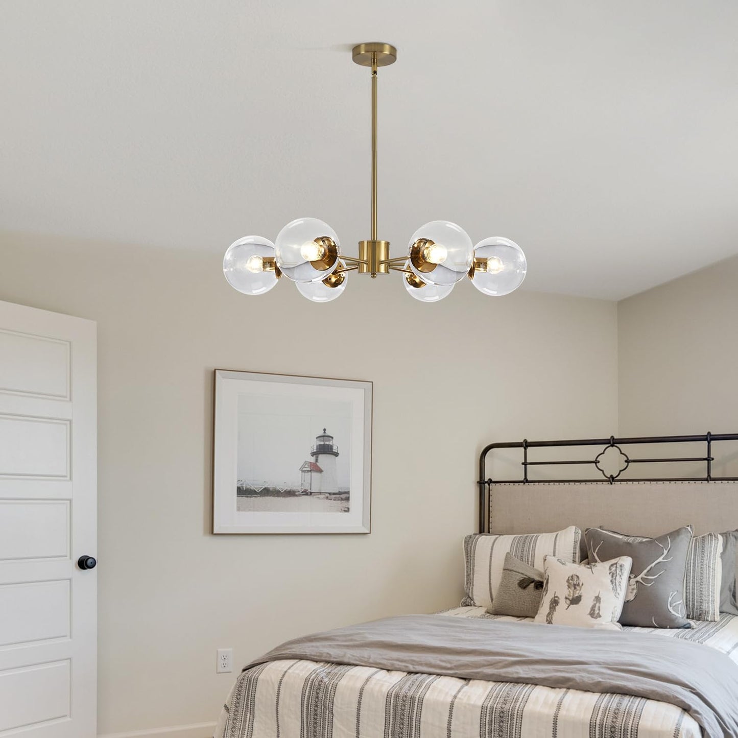 KCO Lighting Modern 6-Light Sputnik Chandelier with Clear Glass Globe Mid Century Adjustable Ceiling Pendant Light Gold Brass Flush Mounted Fixture