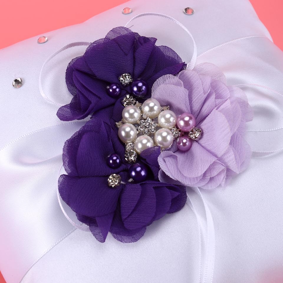PRETYZOOM Pillow Ring Bearer Wedding Ring Pillow Wicker Flower Crown Decorative Pillows Pearl Rings Flower Girl Accessories Promise Rings for Couples Bride Vintage Jewelry Purple Lovers
