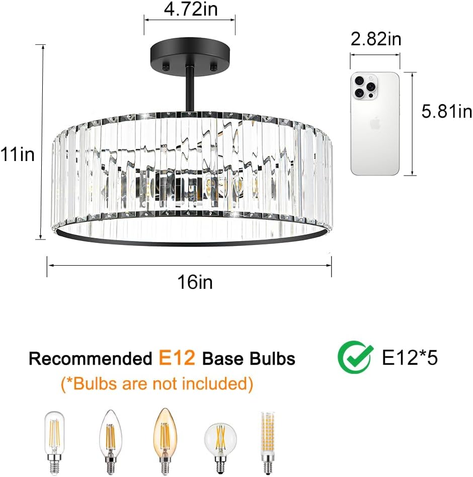 Modern Crystal Ceiling Light Fixture, Semi Flush Mount Ceiling Light, Matte Black Hallway Lighting Fixtures Chandelier, Crystal Chandelier for Kitchen Bedroom Dining Room Closet, 5-Light, 16 Inch