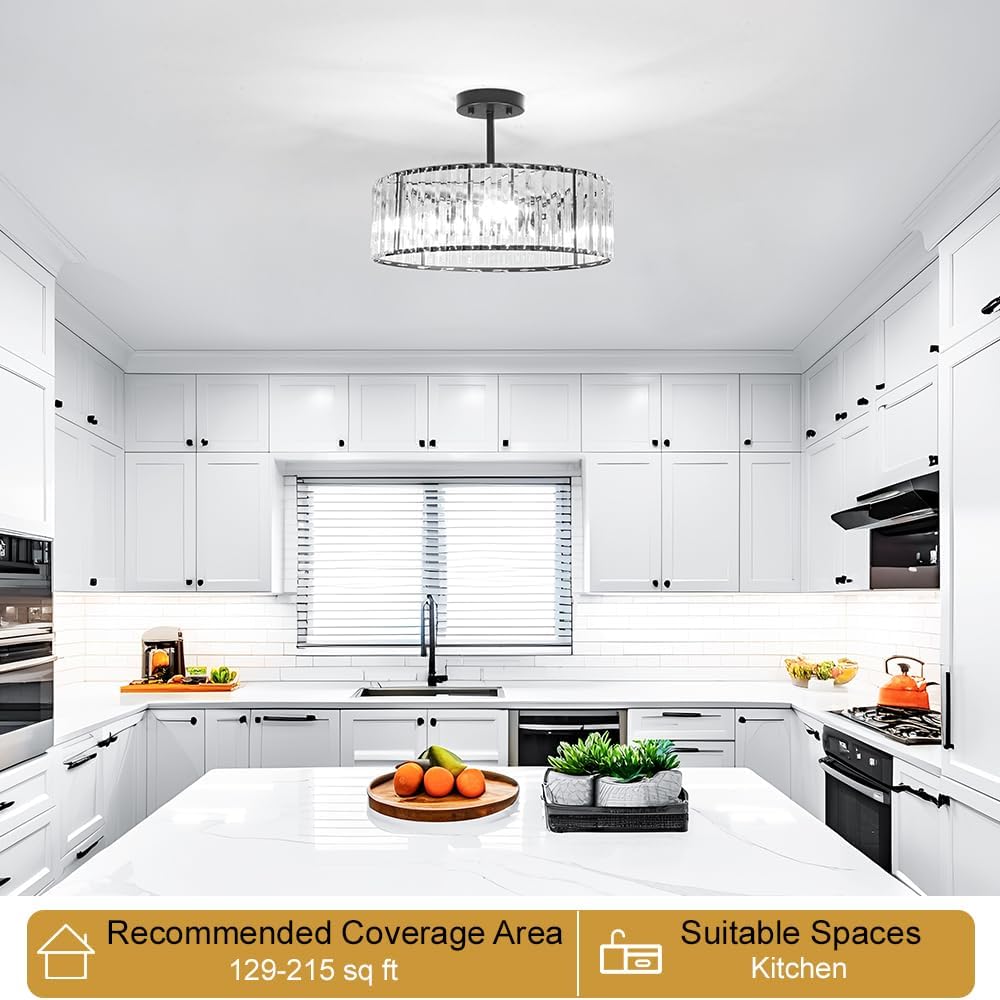 Modern Crystal Ceiling Light Fixture, Semi Flush Mount Ceiling Light, Matte Black Hallway Lighting Fixtures Chandelier, Crystal Chandelier for Kitchen Bedroom Dining Room Closet, 5-Light, 16 Inch