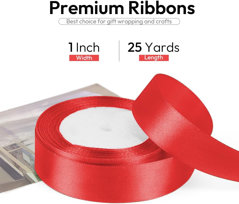 1 Inch 25 Yards Red Ribbon, Red Satin Ribbon for Gift Wrapping, Christmas Tree, Wedding, Birthday Party Decoration, Craft, Hair, Floral, Sewing
