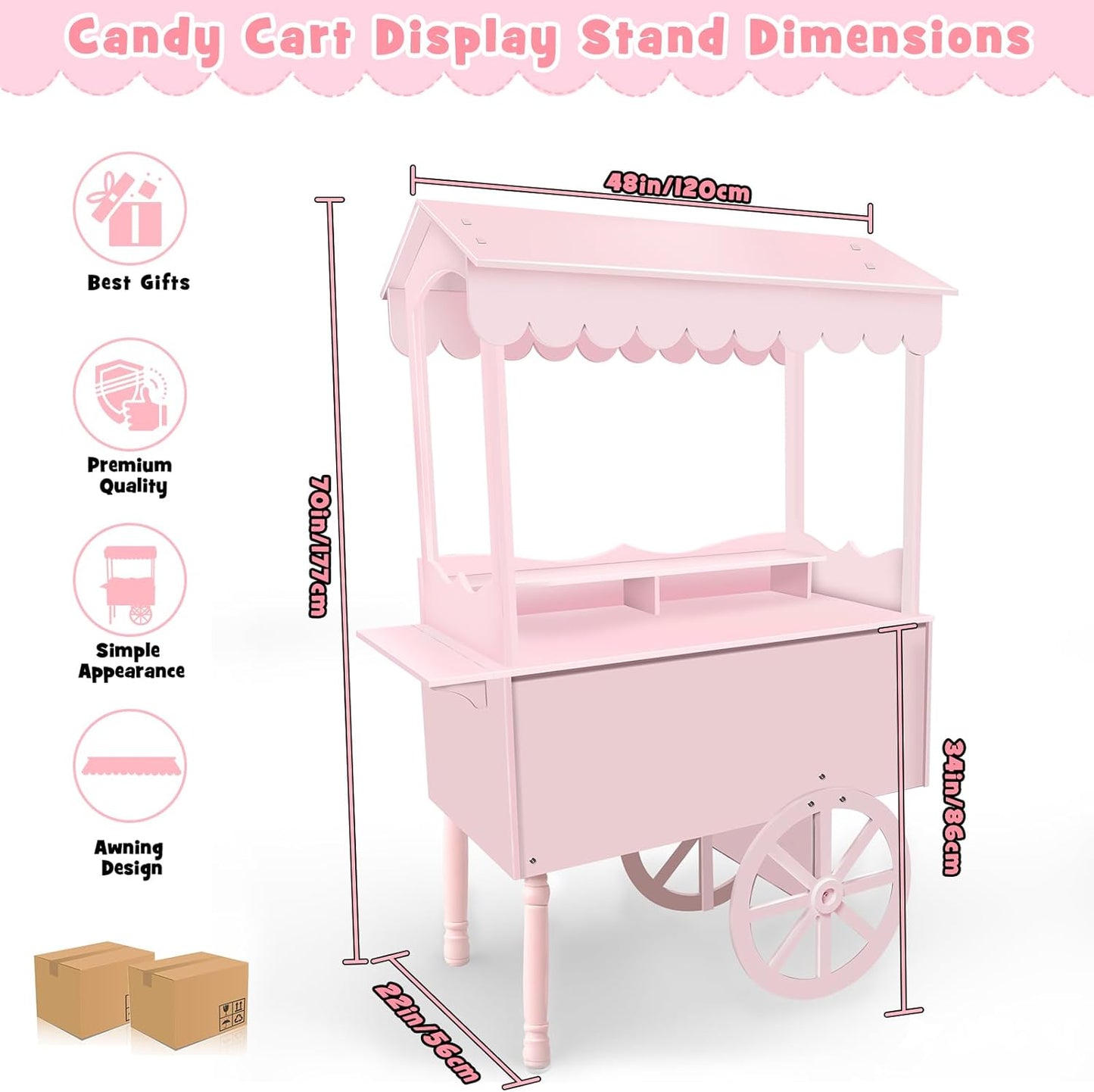 7FT Candy Cart Display Stand with Decorated Wheels, Dessert and Party Decoration Cart with 100 Ballons, Easy to Install Vintage for Parties, Birthdays, Weddings, (pink)
