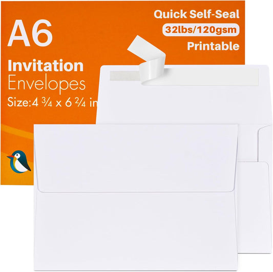 A6 White Envelopes 4X6 100 Pack - Quick Self Seal,For 4x6 Cards| Perfect for Weddings, Invitations, Photos, Graduation, Baby Shower| 6.5 x 4.75 Inches (A6)