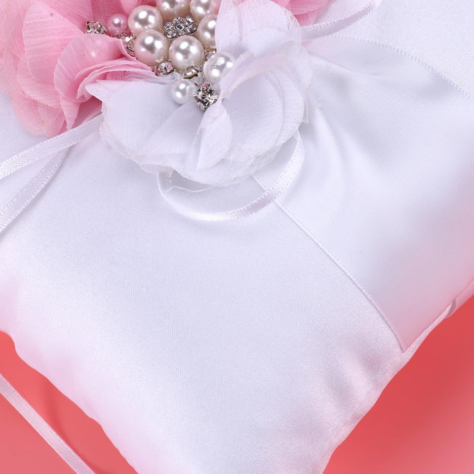 Wedding Ring Pillow Cushion with Pearl and Flower Decoration Elegant White Pink Ring Bearer Pillow for Wedding Ceremonies and Special Occasions