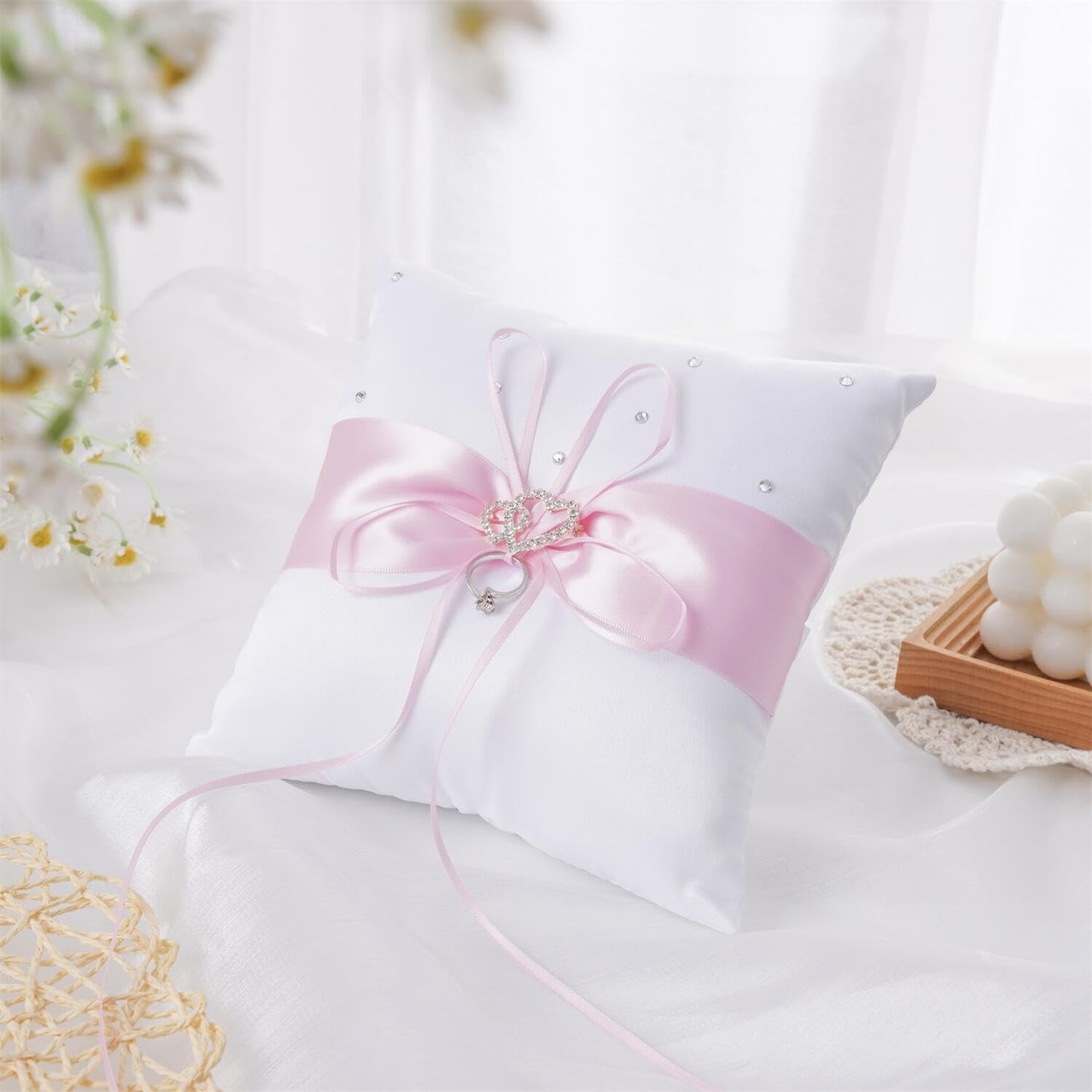QIRMIZI Ring Pillow,Pearls Ring Cushion, Ring Bearer, Ring Holder for Beach Wedding, Wedding Ceremony, Proposal,Pink