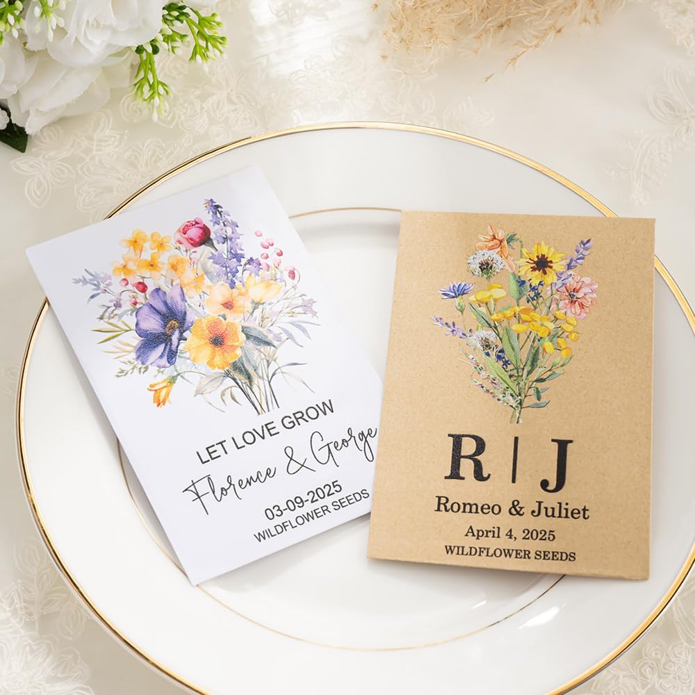 callie Personalized Wedding Seed Packet Favors, Custom Wildflower Seeds Storage with Name and Date, Kraft/White Paper Envelopes for Wedding Party Bridal Shower, 20-300 PCS