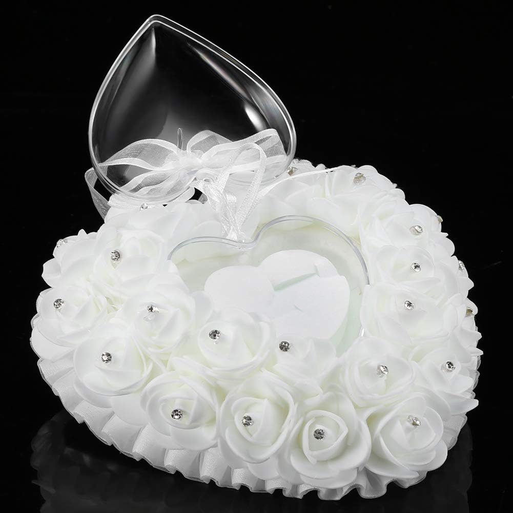 Hilitand Wedding Ring Cushion Pillow Romantic Heart Shaped Wedding Ring Box Rose Rhinestone Decorative Jewellery Boxes(White)