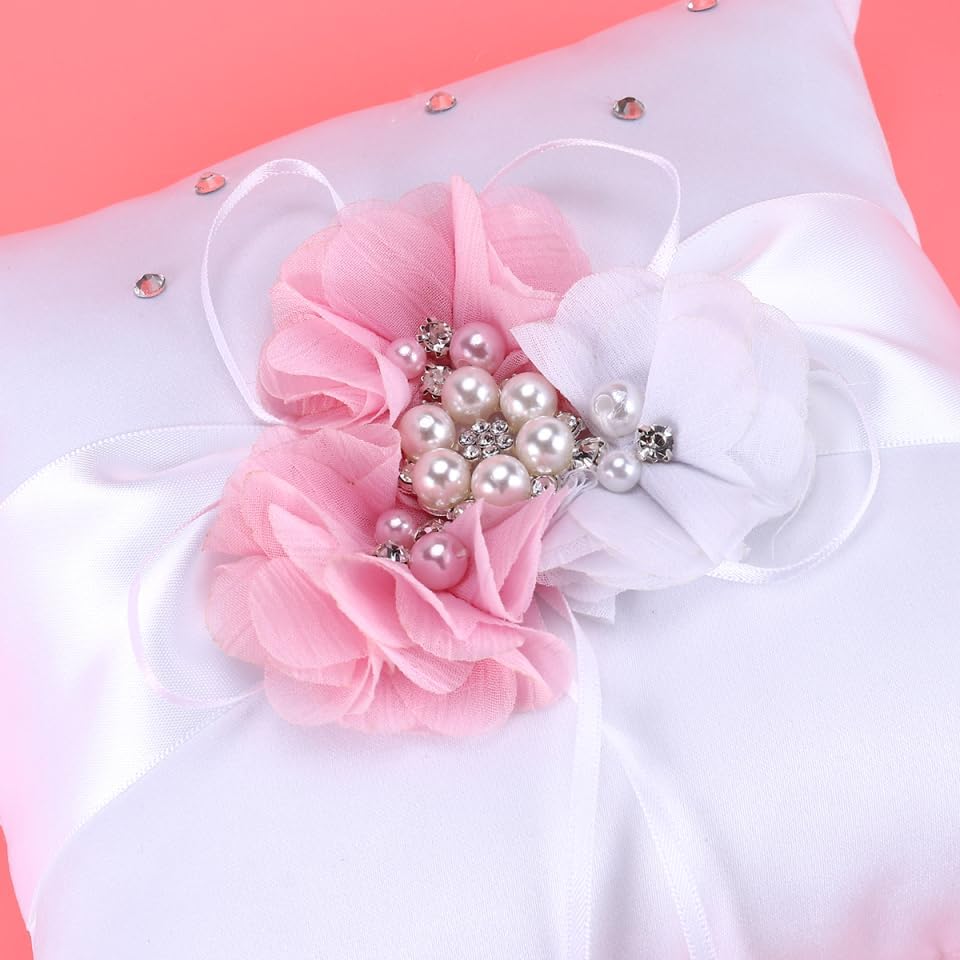 PRETYZOOM 2Pcs Pink Ring Bearer Pillow Set - Satin & Ribbon Decorative Wedding Ring Holder with Flower Design for Ceremony