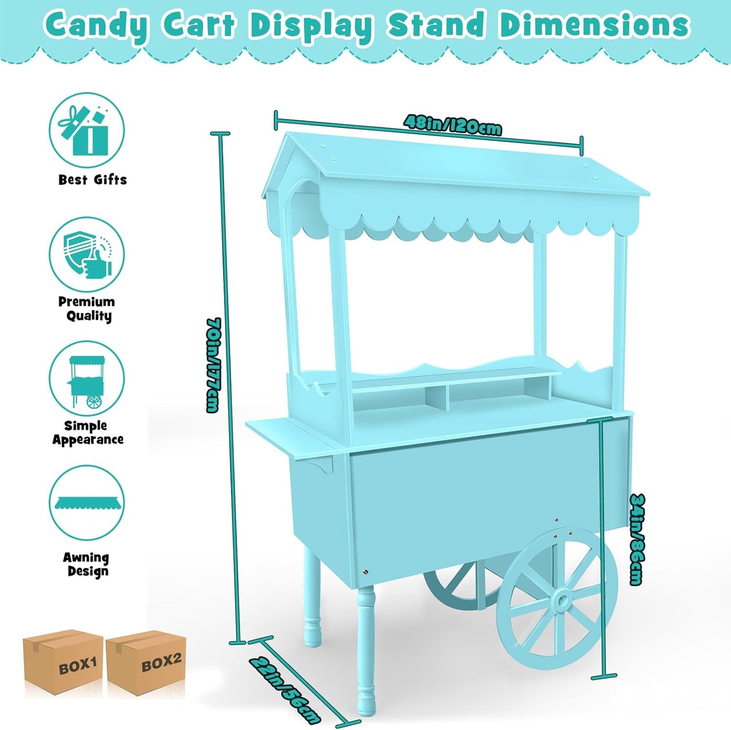 7FT Candy Cart Display Stand with Decorated Wheels, Dessert and Party Decoration Cart with 100 Ballons, Easy to Install Vintage for Parties, Birthdays, Weddings, (blue)