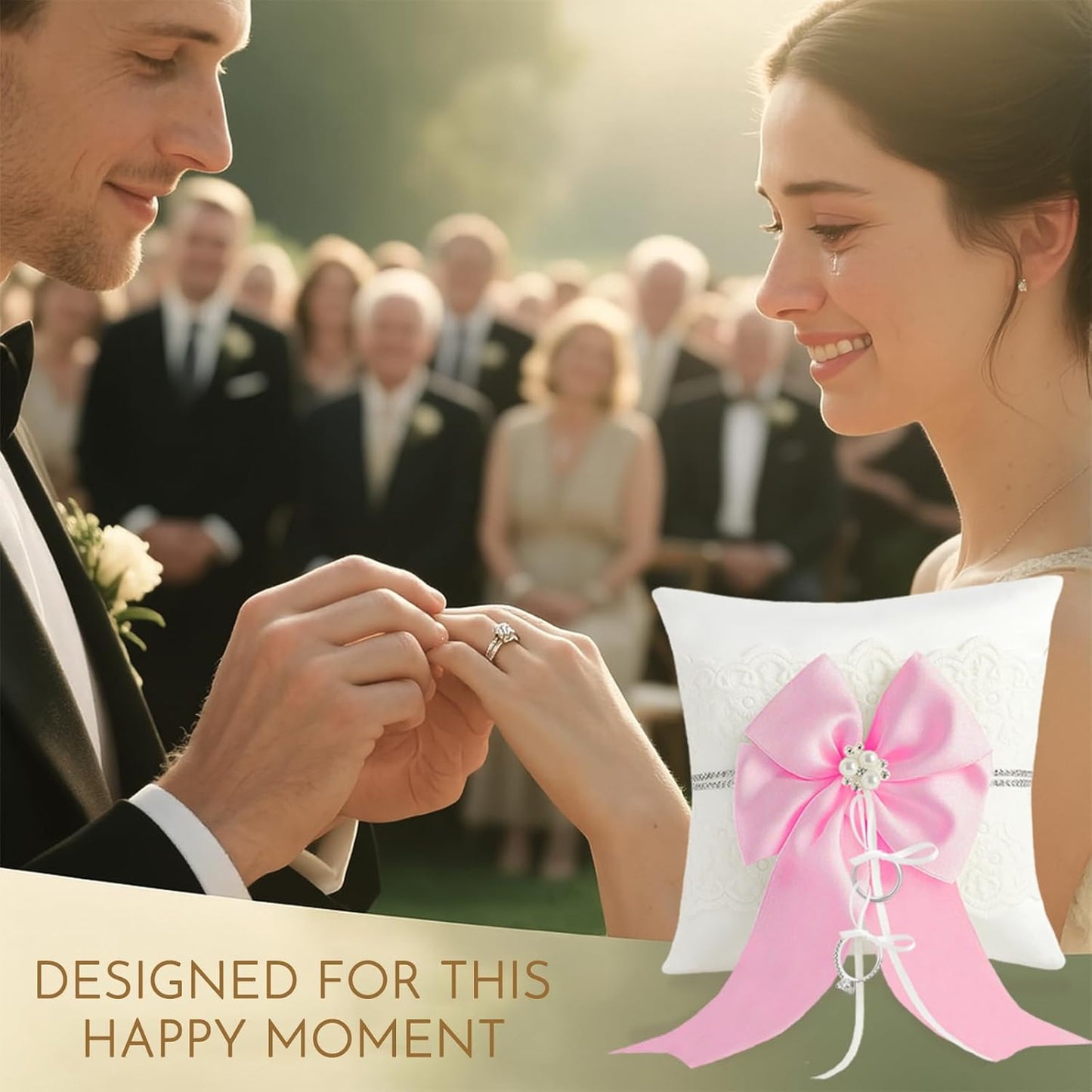 Wedding Ring Bearer Pillow: 8.2 x 8.2 Inch Ivory Satin Lace Cushion with Pink Pearl Bow for Ceremony Vows - Secure Ring Holder for Flower Boy or Girl (Pink – 2 Pack)