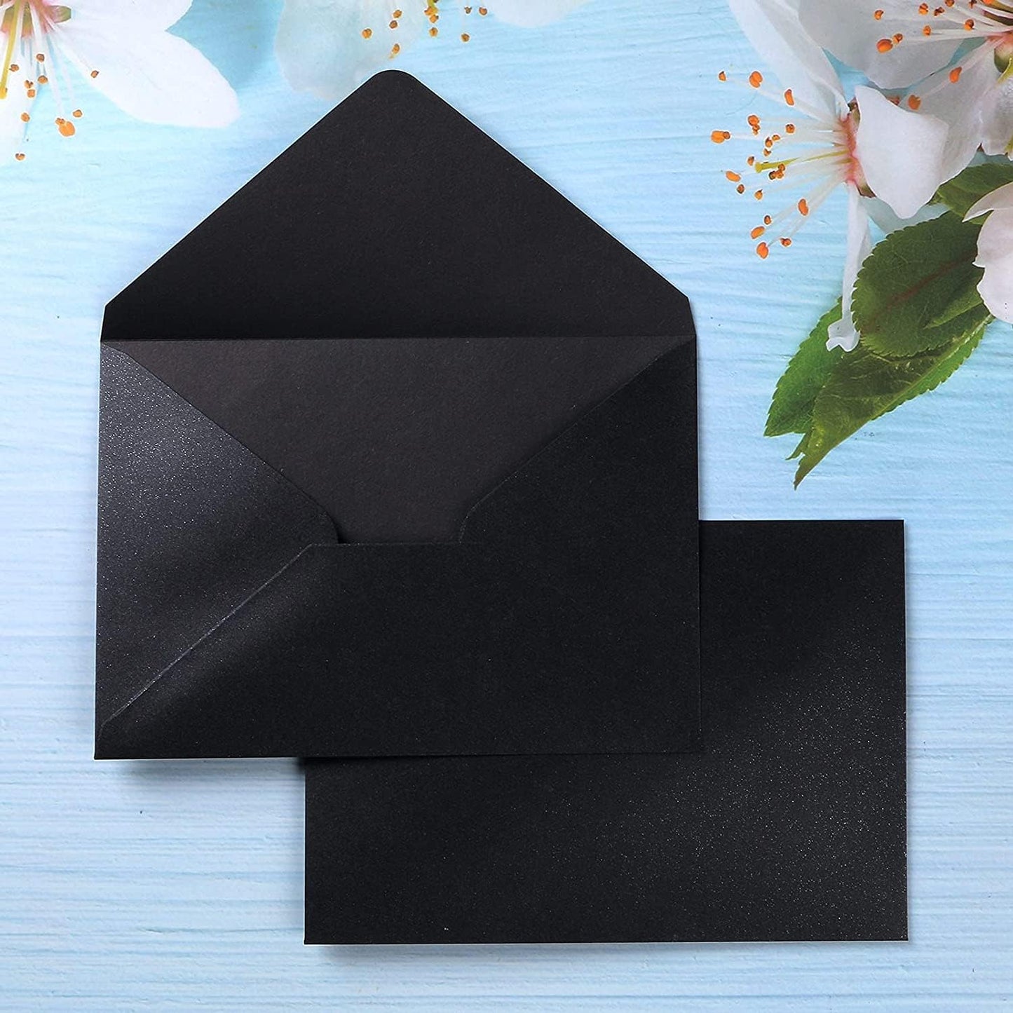 PONATIA 50 Pieces/Pack A7 Envelopes, 5.25 x 7.5'' Black Shiny Envelopes Perfect for 5x7'' Invitation Cards, Weddings Invitations, Photos, greeting Cards, Christmas Gift Cards