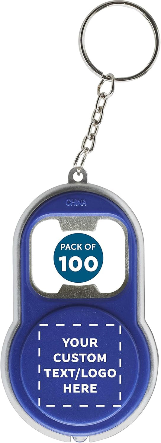DISCOUNT PROMOS Custom Bottle Opener & LED Keychains Set of 100, Personalized Bulk Pack - Perfect for Tradeshows, Party Favors, Other Events - Blue